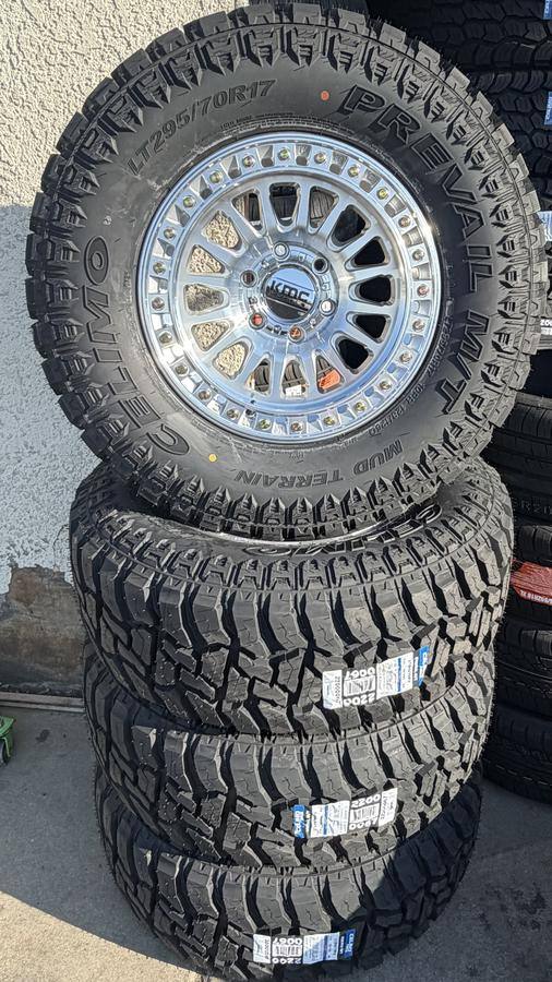 Mud-terrain tires and a KMC wheel in stock at Adas Tires & Wheels in Hanford